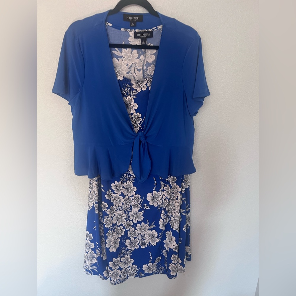Perceptions Blue White Black Floral Dress Shrug Set Size X Large